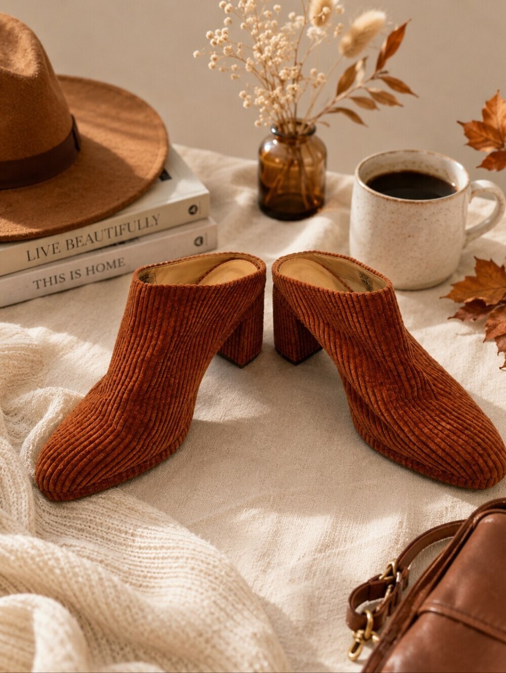 Soludos Rust Corduroy 4 Inch Block Heel Closed Toe Fall Mules/shoes. Ladies 7.5